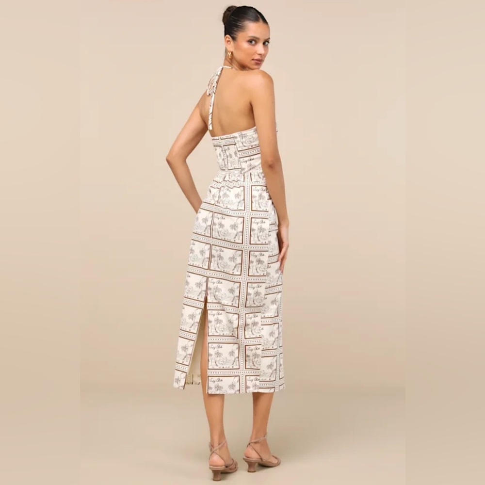 Lulu’s | Asiya Beige Stamp Print Halter Midi Dress - Picture 3 of 3